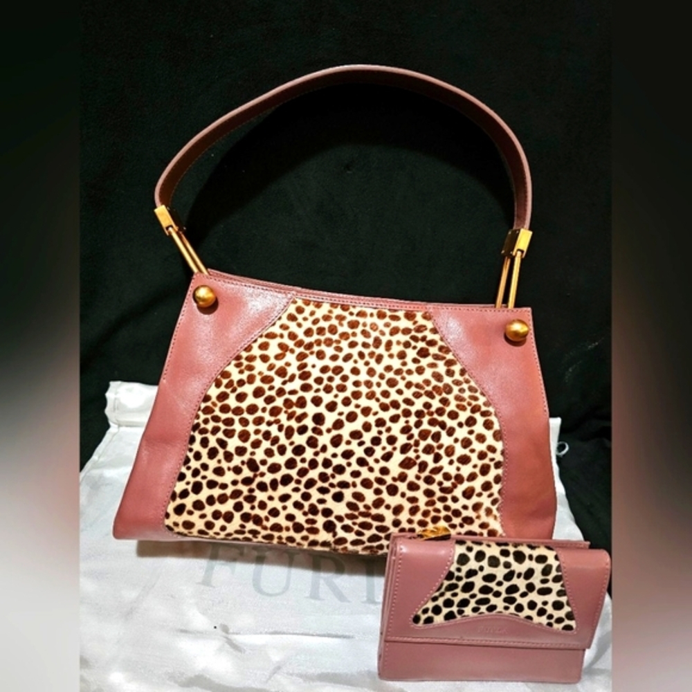 (RARE) FURLA LEOPARD PRINT FUR & LEATHER W/MATCHING WALLET (EUC)